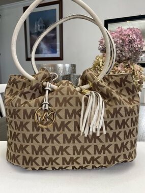 Michael Kors Brown MK Logo Shoulder Bag with White Handles